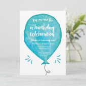 Einladung zum Geburtstag | Blue Watercolor Balloon (Stehend Vorderseite)