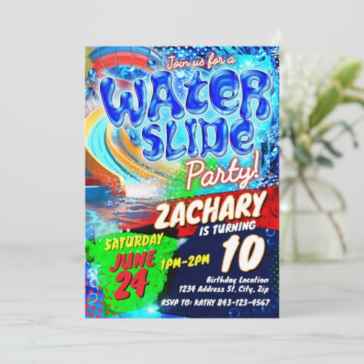 Einladung zum Geburtstag der Wasserrutsche (Stehend Vorderseite)