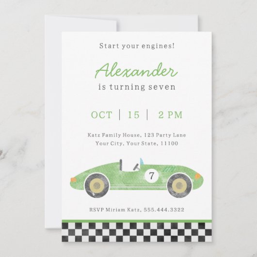 Einladung zum Geburtstag eines grünen Rennwagens (Vorderseite)