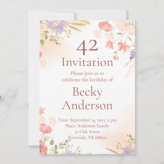 Einladung zum Geburtstag mit Aquarellfarben-Blume (Vorderseite)