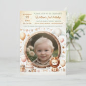 Einladung zum Geburtstag mit Löwe-Rahmen für Foto (Stehend Vorderseite)