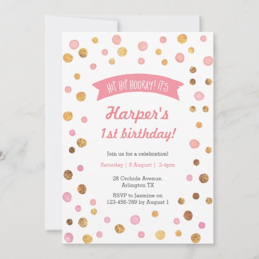 Einladung zum Geburtstag | Rosa und goldene Konfet (Vorderseite)