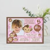 Einladung zum Geburtstag von Affen, rosa braun (Fo (Stehend Vorderseite)