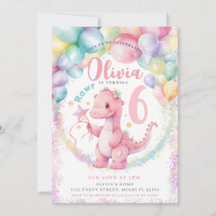 Einladung zum Geburtstag von Dino-Mädchen mit rosa