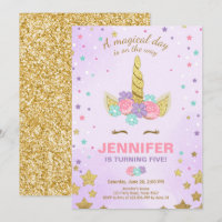 Einladung zum Geburtstag von Unicorn Lila Gold Mag