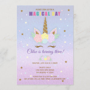 Einladung zum Geburtstag von Unicorn Pink Lila Gol