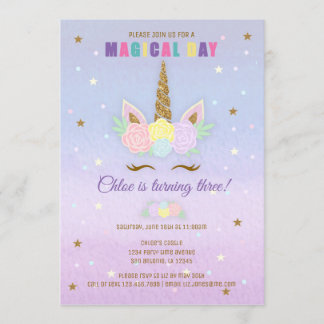 Einladung zum Geburtstag von Unicorn Pink Lila Gol