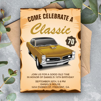 Einladung zum Geburtstag von Vintagen Gold Car Cla