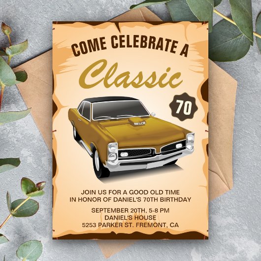 Einladung zum Geburtstag von Vintagen Gold Car Cla