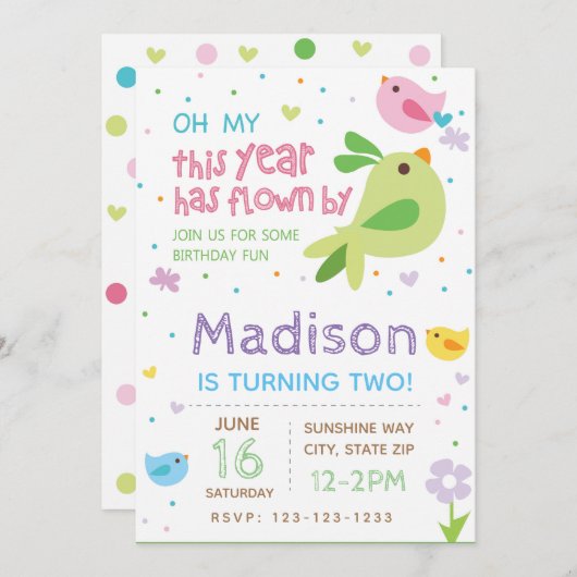 Einladung zum Geburtstag von Vögeln (Vorne/Hinten)