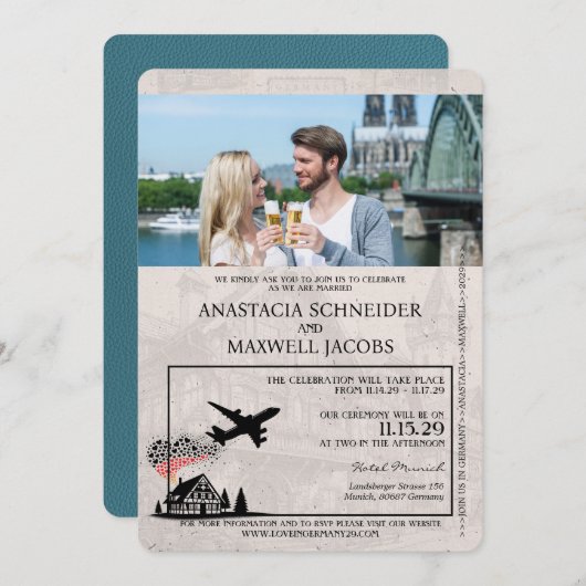 Einladung zum Hochzeitsausweis aquamarines Deutsch (Vorne/Hinten)