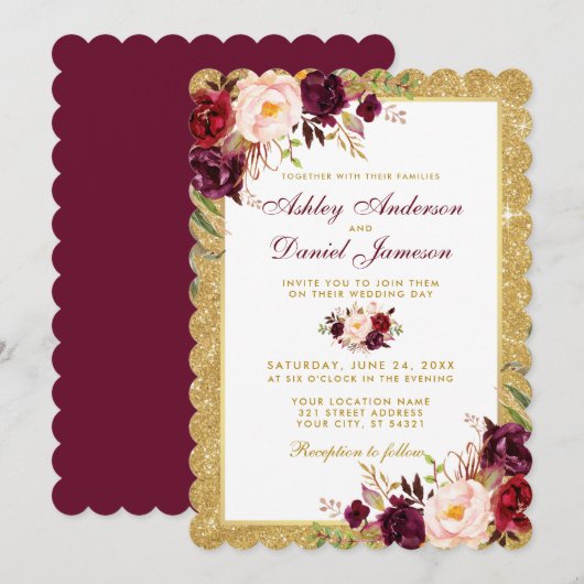 Einladung zum Hochzeitsburgundy Floral Gold Glitze (Vorne/Hinten)