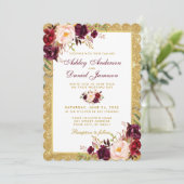 Einladung zum Hochzeitsburgundy Floral Gold Glitze (Stehend Vorderseite)