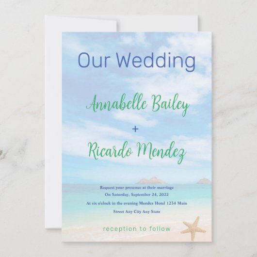 Einladung zum Hochzeitsfeiern am Strand mit Starfi (Vorderseite)