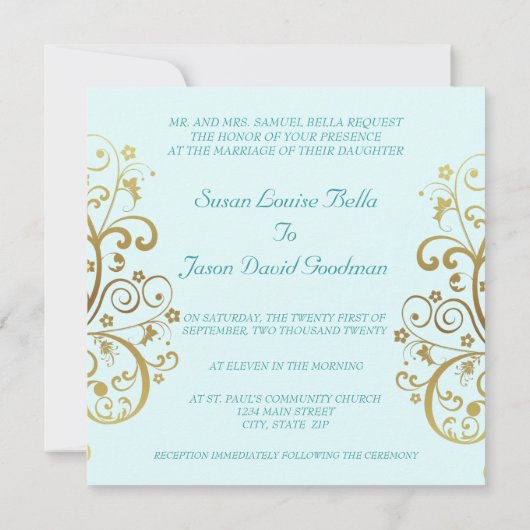 Einladung zum Hochzeitsfeiern - Goldene Wirbel und (Rückseite)