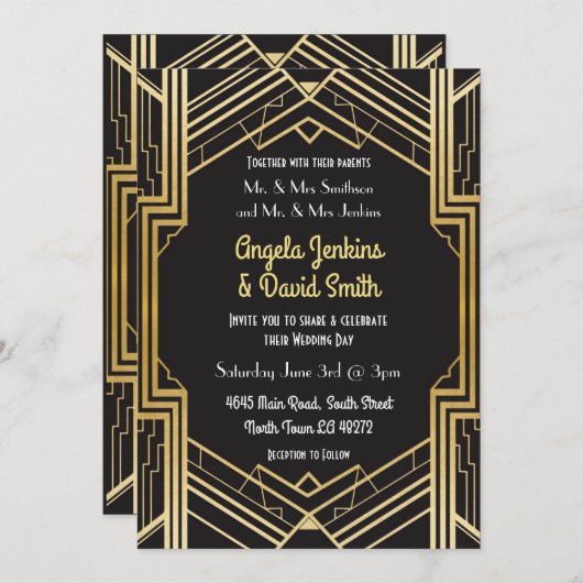 Einladung zum Hochzeitsfeiern im Black & Gold Deco (Vorne/Hinten)