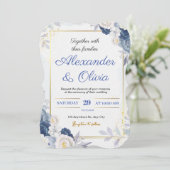 Einladung zum Hochzeitsfeiern in Blau und Gold (Stehend Vorderseite)