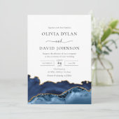 Einladung zum Hochzeitsfeiern in Navy Blue und Gol (Stehend Vorderseite)