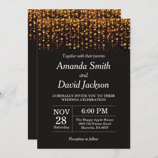 Einladung zum Hochzeitsfeiern in Schwarz-Gold-Glit (Vorne/Hinten)