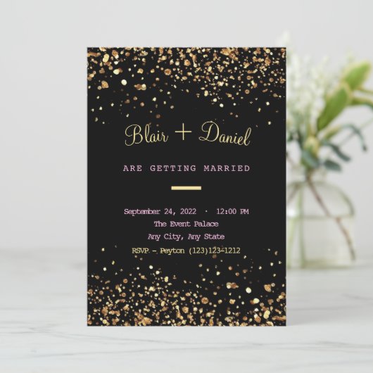 Einladung zum Hochzeitsfeiern in Schwarz-Gold-Glit (Stehend Vorderseite)