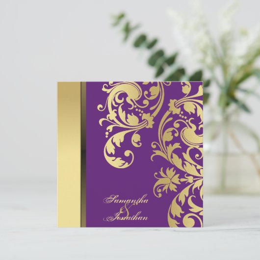 Einladung zum Hochzeitsfeiern Lila Goldschimmer (Stehend Vorderseite)