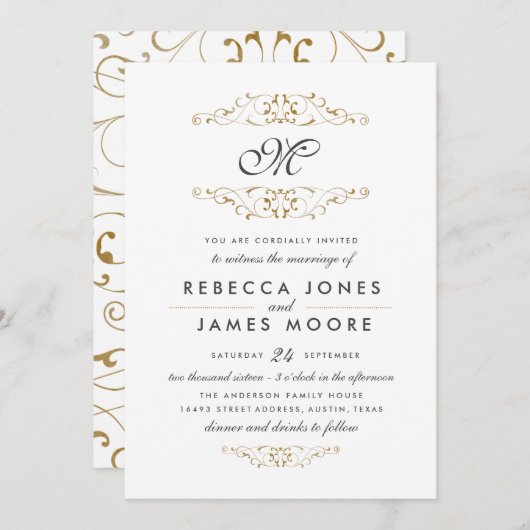 Einladung zum Hochzeitsfeiern mit antikem Gold Blü (Vorne/Hinten)