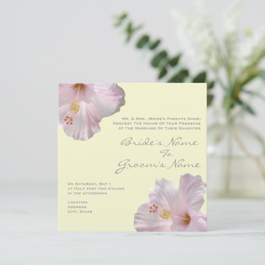 Einladung zum Hochzeitsfeiern mit hellrosa Hibisku (Stehend Vorderseite)