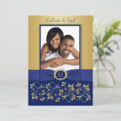 Einladung zum Hochzeitsfeiern mit Monogram Blue, G (Stehend Vorderseite)