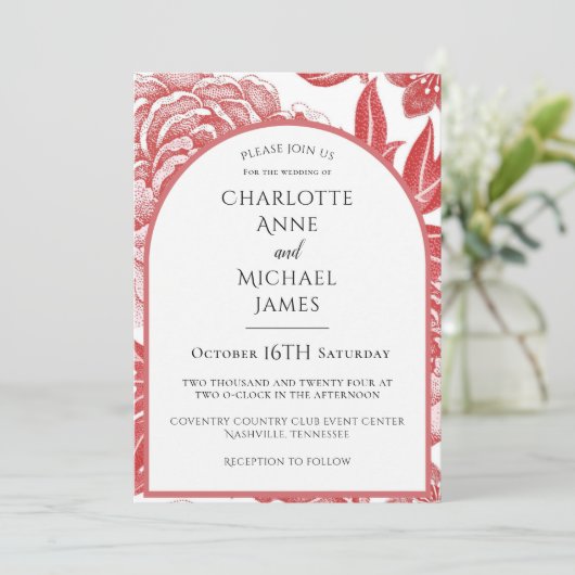 Einladung zum Hochzeitsfeiern mit rotem Blumenrahm (Stehend Vorderseite)