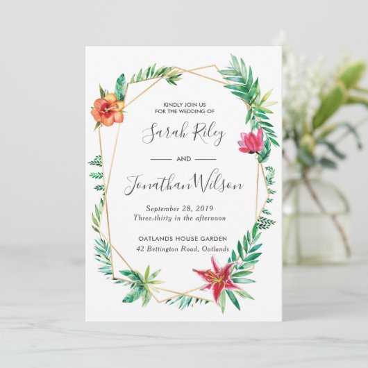 Einladung zum Hochzeitsfeiern mit tropischem Flair (Stehend Vorderseite)