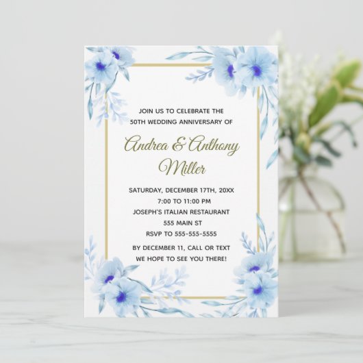 Einladung zum Hochzeitstag Blumenblauer Gold (Stehend Vorderseite)