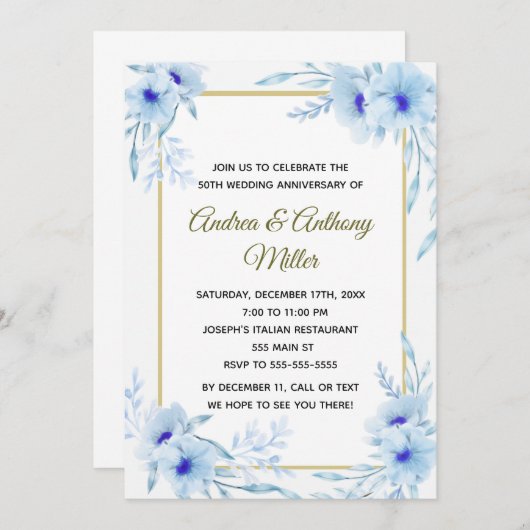 Einladung zum Hochzeitstag Blumenblauer Gold (Vorne/Hinten)