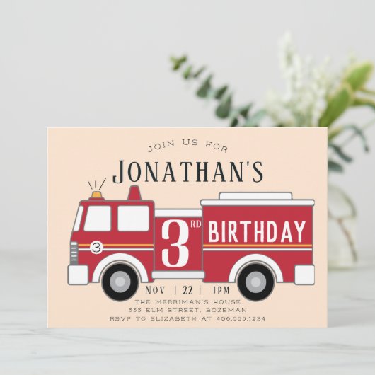 Einladung zum Kindergeburtstag von Feuerwehrfahrze (Stehend Vorderseite)
