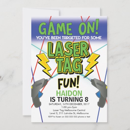 Einladung zum Laser Tag Birthday (Vorderseite)