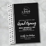 Einladung zum Logogeschäft Postkarte<br><div class="desc">Eine unterhaltsame, aber schlicht Schwarz-Weiß-Einladung für eine große Firmenöffnung oder ein Party- oder Produktstart. Fügen Sie Ihr eigenes Logo an die Spitze, um es Ihr Branding zu geben. Niedliches schwarz-weißes Blumenmuster auf der Seite für einen niedlichen Akzent. Sie können alle Texte und Hintergründe in jede beliebige Farbe ändern und sogar...</div>