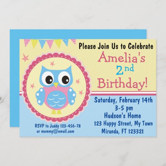Einladung zum niedlichen Geburtstag der Eule (Vorne/Hinten)