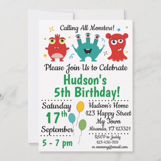 Einladung zum niedlichen Monster-Geburtstag (Vorderseite)