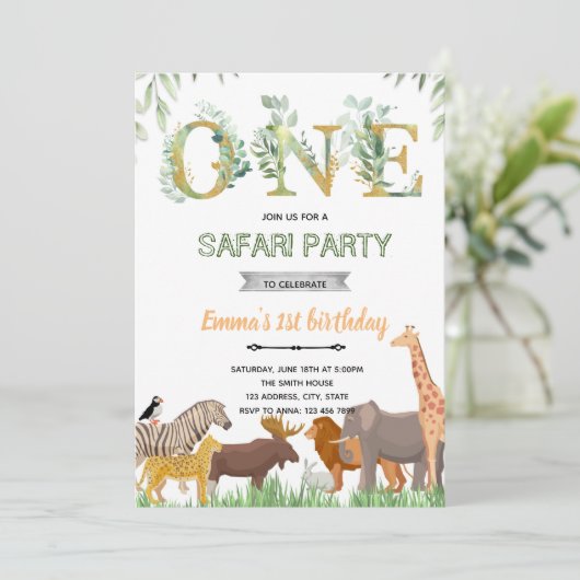 Einladung zum Party ONEgreenery Zoo (Stehend Vorderseite)
