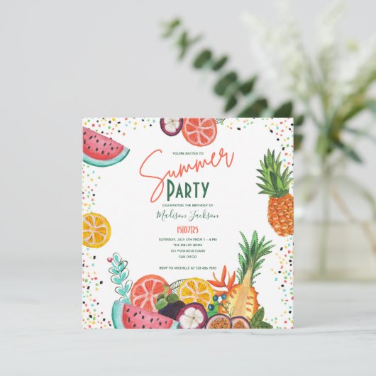 Einladung zum Party Tropenfrüchte im Sommer (Stehend Vorderseite)