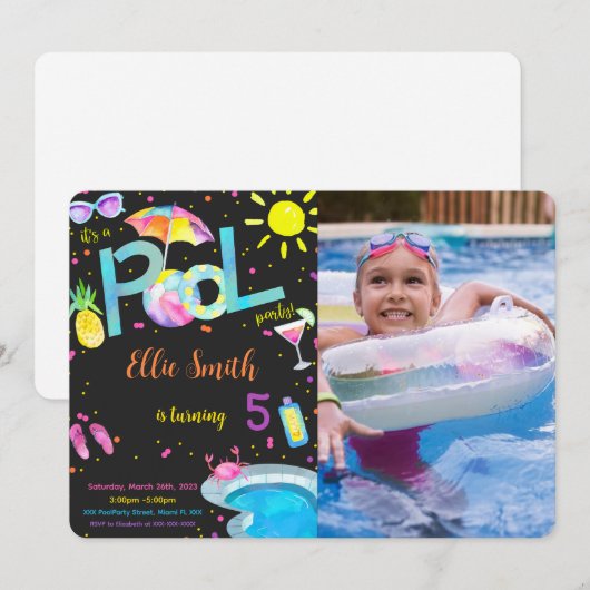Einladung zum Pool-Geburtstagsfoto, bearbeitbar (Vorne/Hinten)