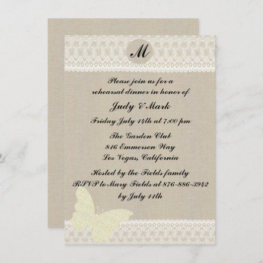 Einladung zum Probe-Dinner mit Burlap- und Lace Mo (Vorne/Hinten)
