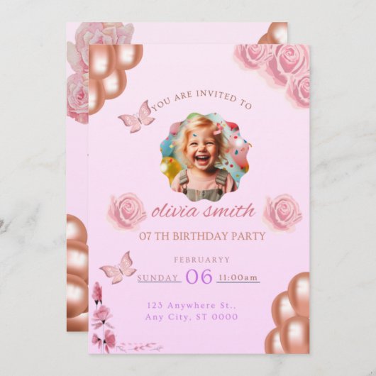 Einladung zum Rosa Geburtstag (Vorne/Hinten)