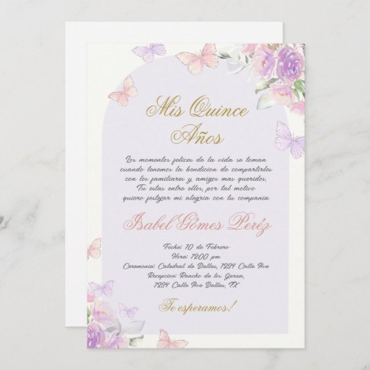 Einladung zum Schmetterling Quinceanera auf Spanis (Vorne/Hinten)