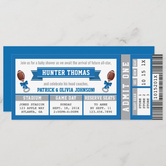 Einladung zum Sportzentrum Baby Dusche, blau, silb (Vorne/Hinten)