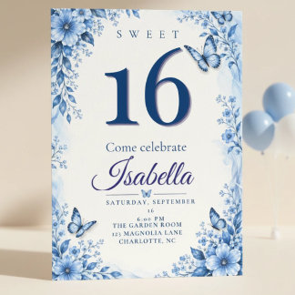 Einladung zum süßen 16. Geburtstag Blaue Schmetter