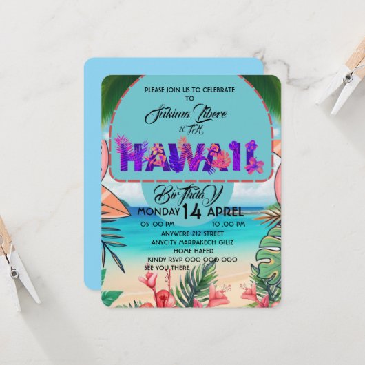 Einladung zum Tropischen Geburtstag Hawaii (Vorderseite/Rückseite Beispiel)