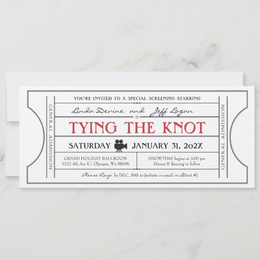 Einladung zum Vintagen Filmthema Hochzeitsticket (Vorderseite)