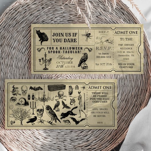 Einladung zum Vintagen Ticket Halloween-Party