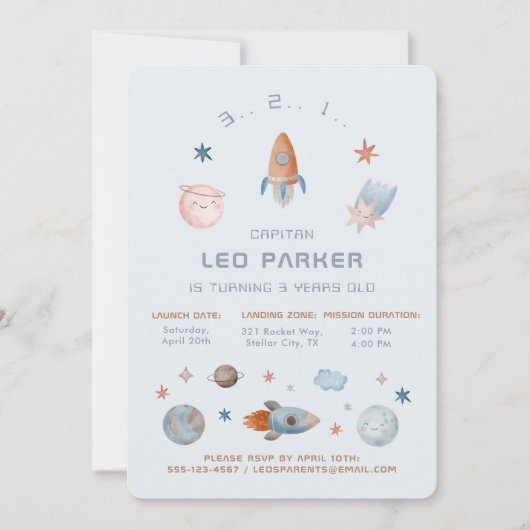 Einladung zum Weltraumtag - Galaxy Rocket Thema (Vorderseite)