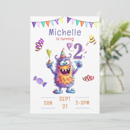 Einladung zum zweijährigen Geburtstag eines Monste (Stehend Vorderseite)